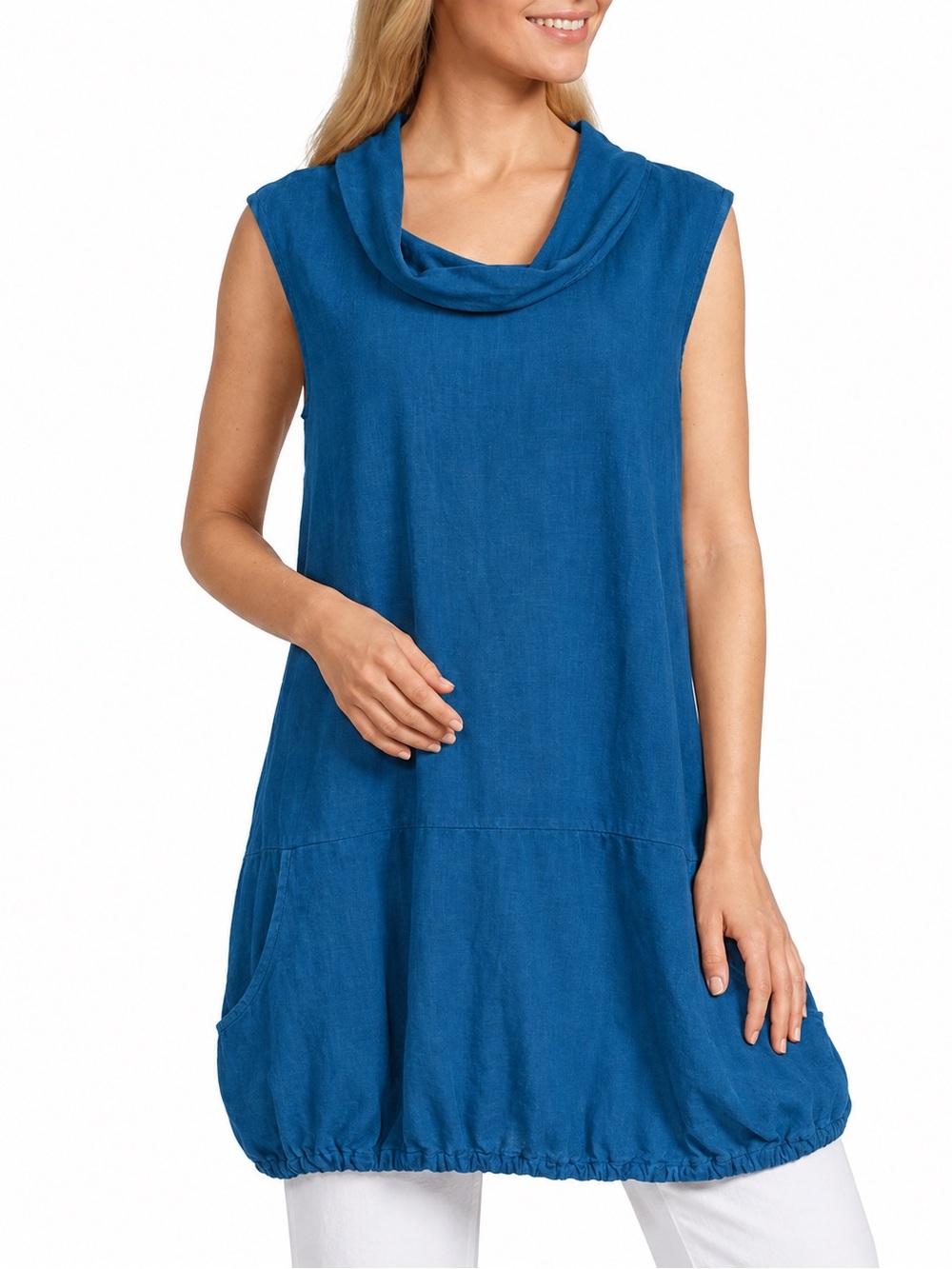 Bryn Walker Linen Cowl Neck Bubble Hem Sleeveless Blue Tunic Top Size Large
